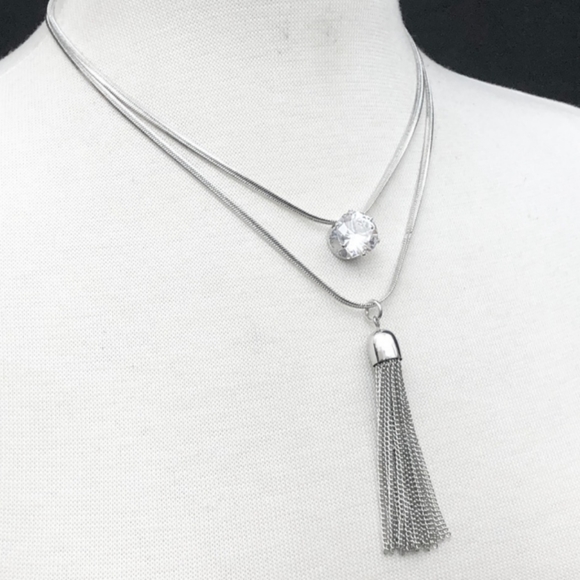 SILVERSTONE 2 CHAIN NECKLACE WITH LARGE CZ AND SILVER TASSEL - Picture 2 of 2
